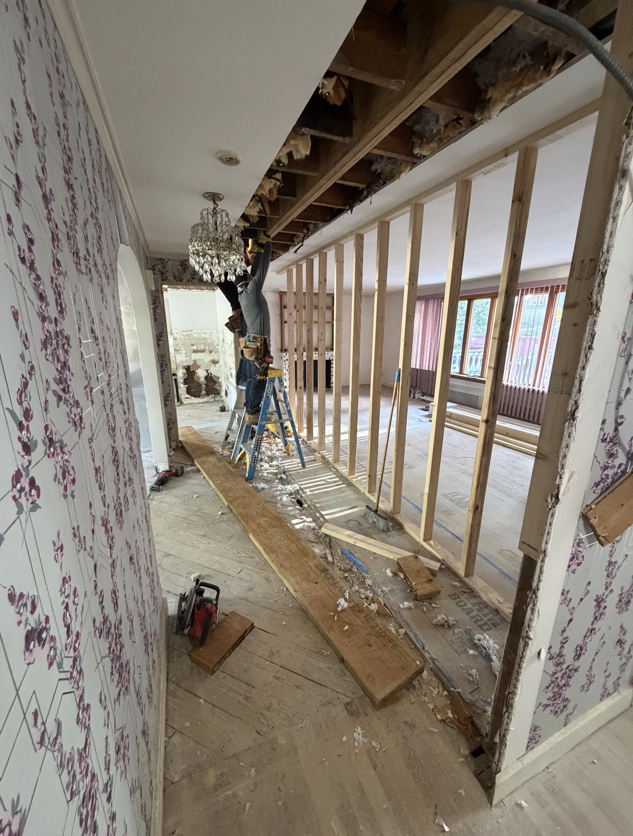Interior framing and ceiling work during a renovation