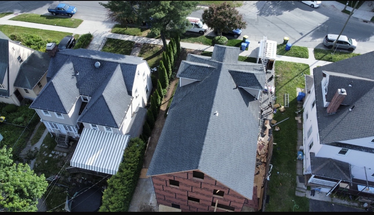 Shingle roof installation seen from above